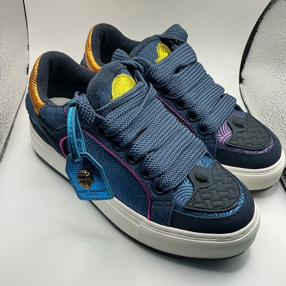 Brand New Kurt Geiger Navy Blue Sneakers with Gold and Yellow Accents Sz 6